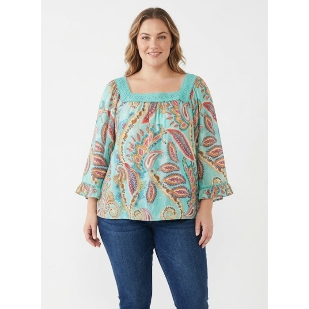 Zac & Rachel size XL Colorful Leaf Artsy Print Square Neck Lace‎ Ruffle Blouse